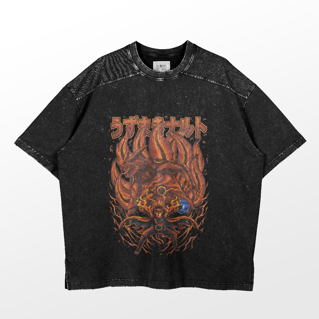 Explore the Naruto and Kurama T-Shirt from Premium Anime Apparel, featuring a vibrant fiery graphic and Japanese text. This black shirt has a textured, slightly faded look, perfect for any Seakoff collection.