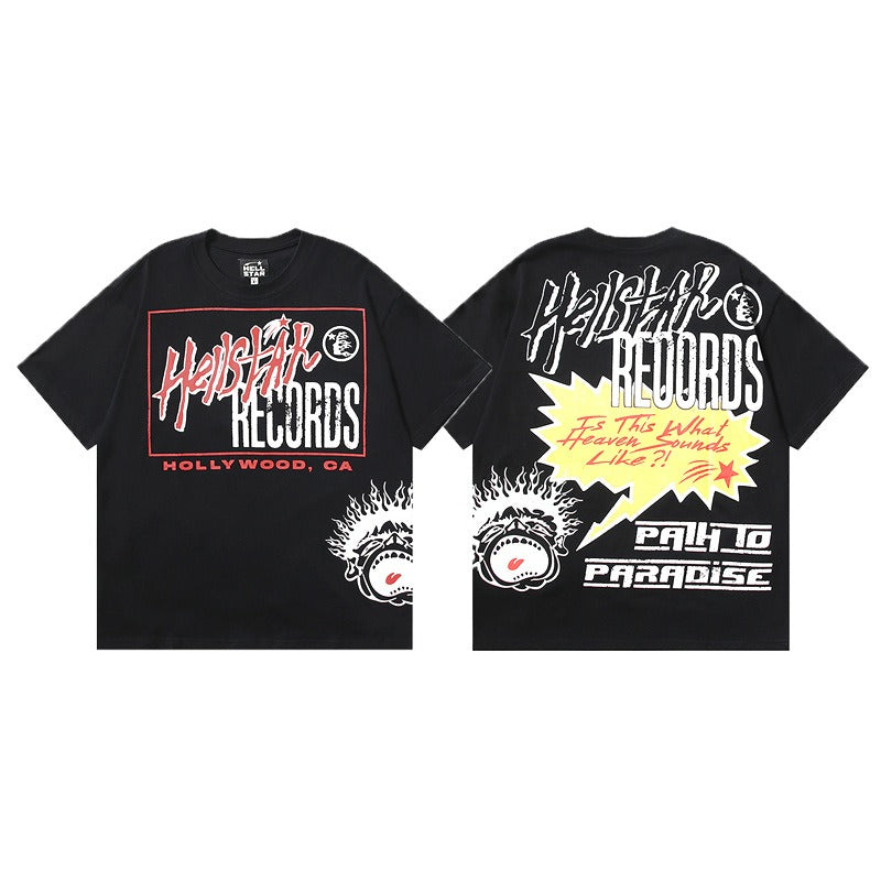 Hellstar Records เสื้อฮอลลีวูด-เสื้อยืดผ้าคอตตอน 250GSM สีดำ Hellstar พร้อม Path to Paradise and Heaven Sounds กราฟิก