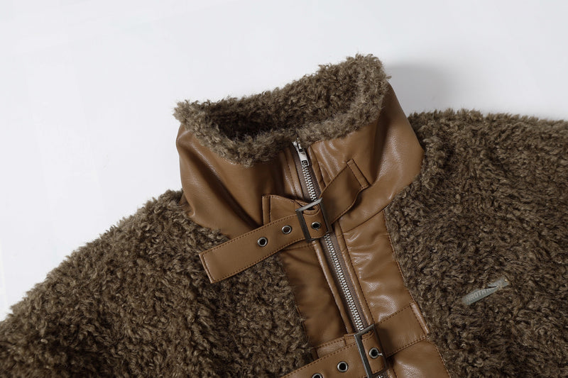 Faux Leather Patchwork Sherpa Bomber Jacket | Omirad