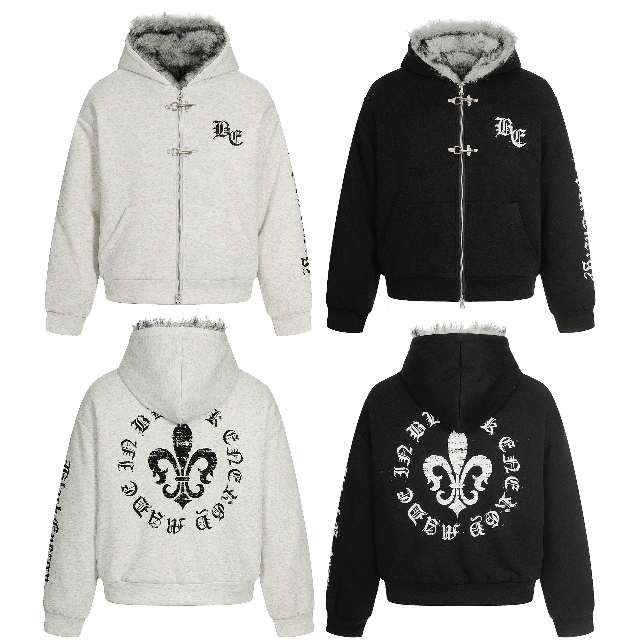 Heather grey faux fur lined zip-up hoodie jacket with metal clasp fasteners and gothic BC chest print