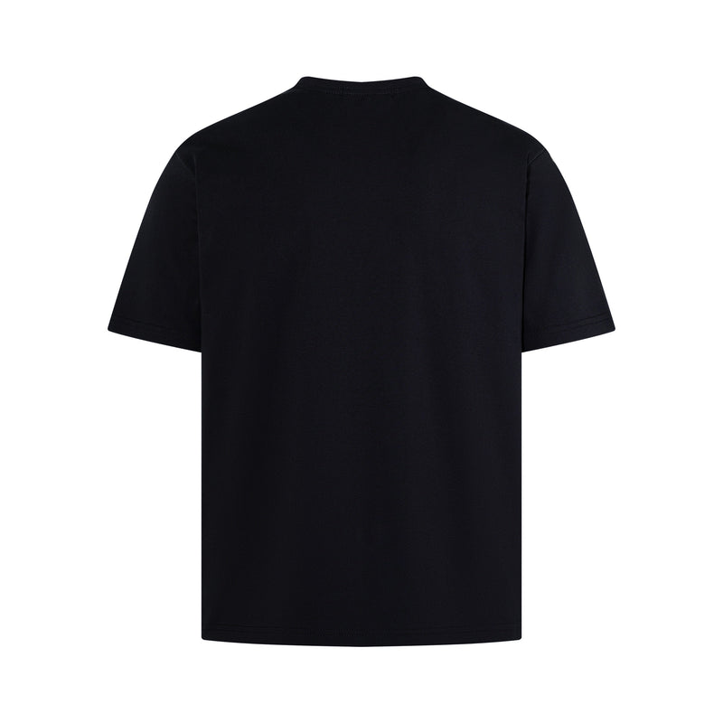 Black short sleeve graphic T-shirt shown from the back with a clean minimalist design on a white background