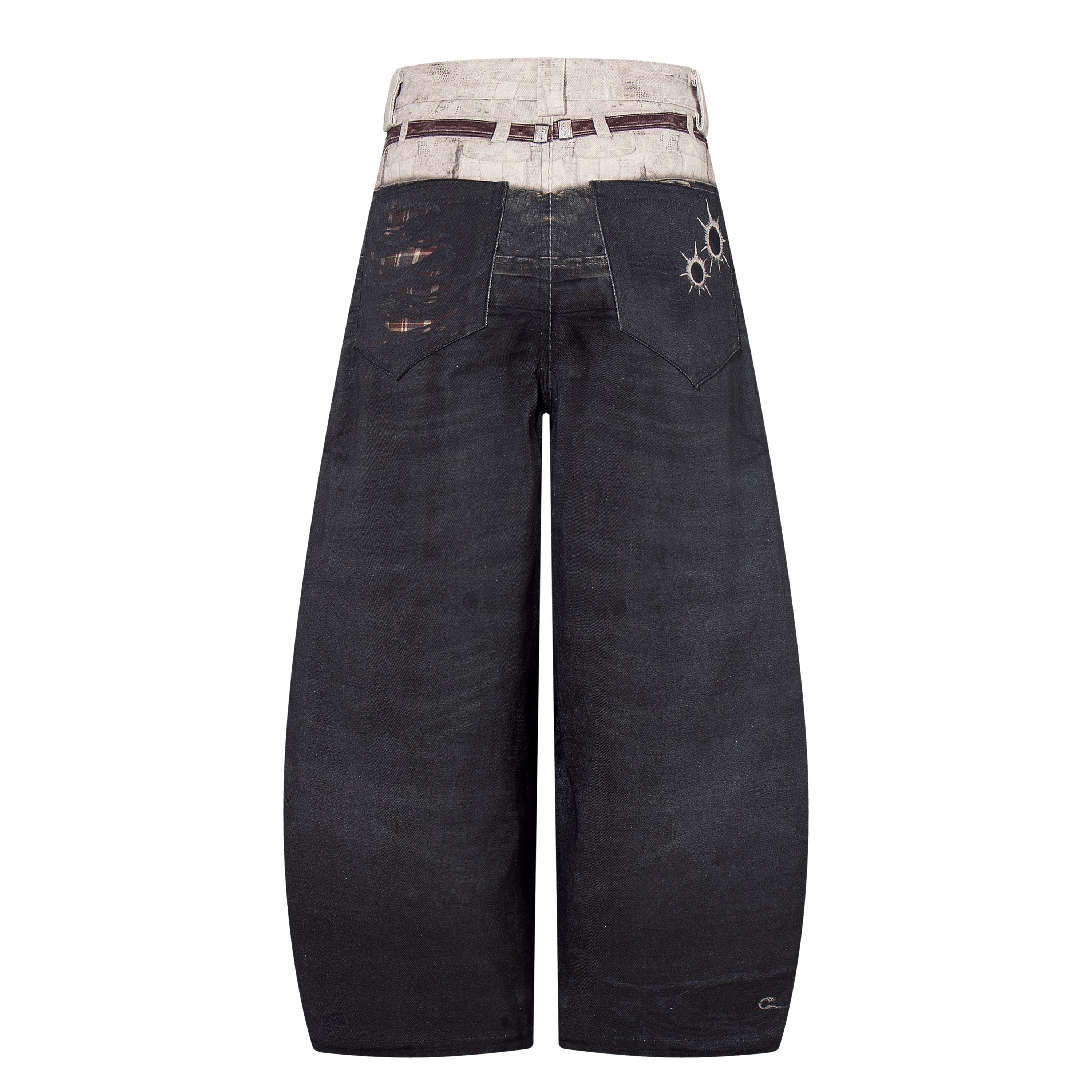 Omirad Layered Distressed Patch Wide-Leg Denim Pants