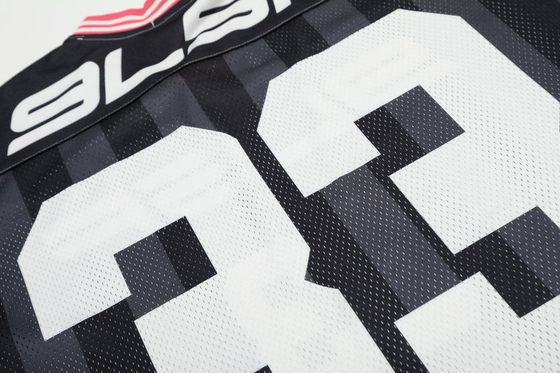 Black mesh football jersey with bold white number 33 and 9LSF graphic streetwear detailing