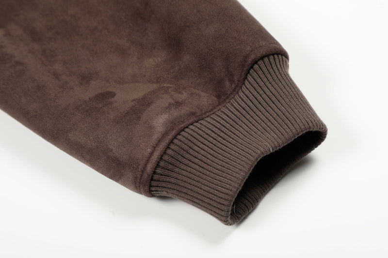 Fleece-Lined Brown Suede-Texture Zip Hoodie Jacket
