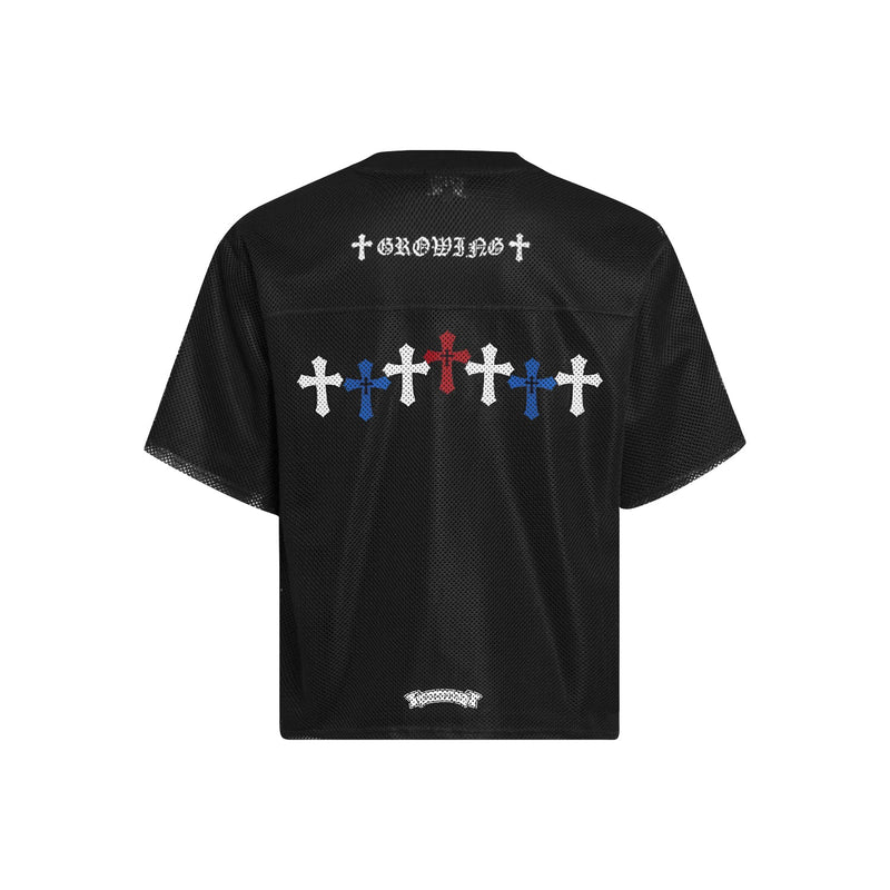 Black mesh jersey tee with boxy fit and multicolor cross graphics on the back, featuring gothic lettering and athletic styling