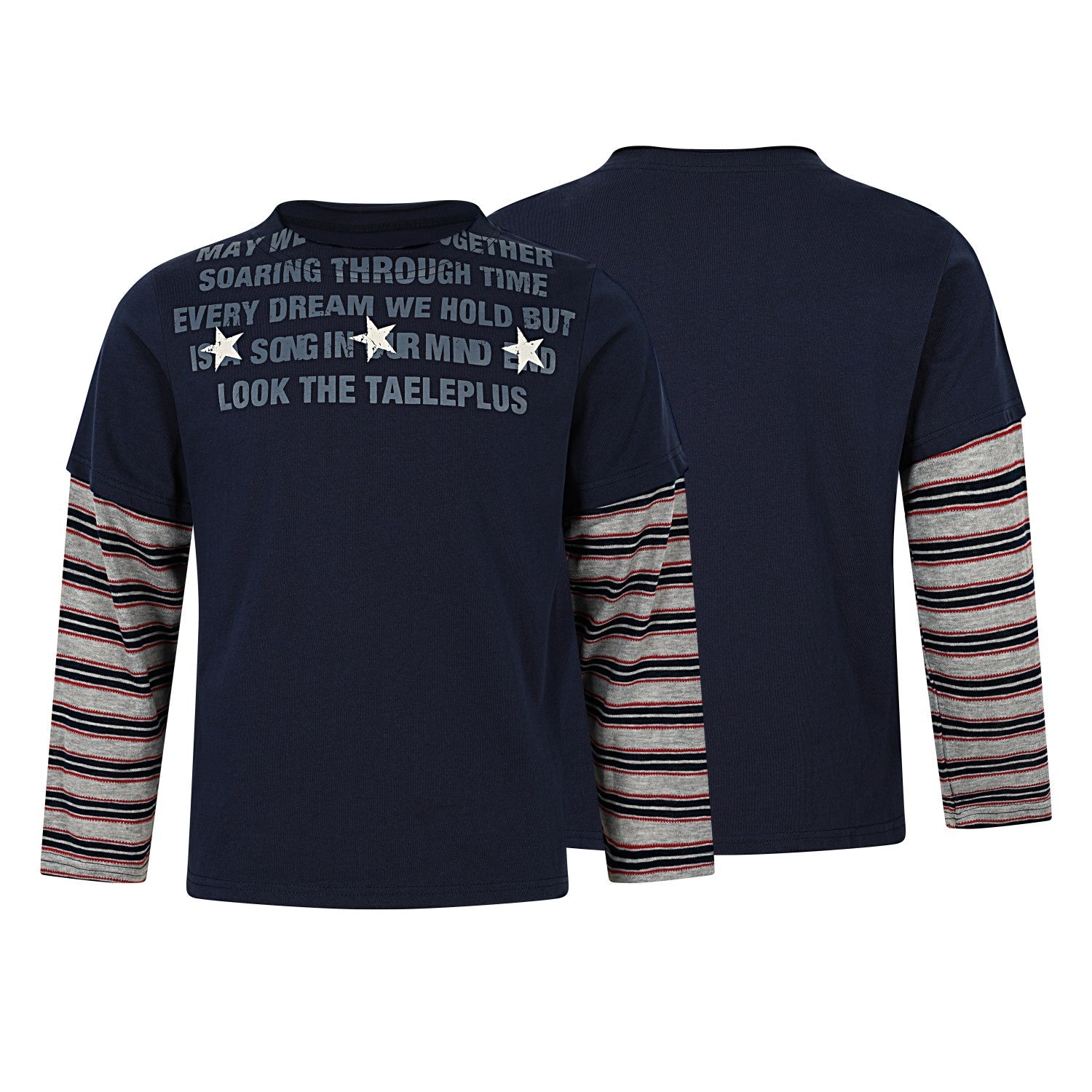 Navy long sleeve tee with grey and red striped layered sleeves and distressed typography graphic on chest