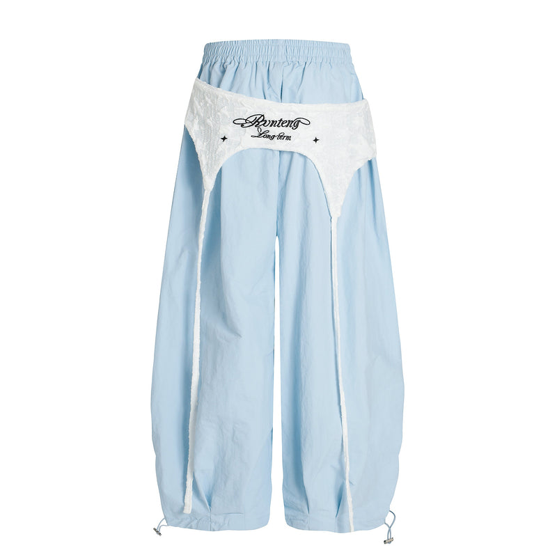 Layered Ruched Panel Wide-Leg Nylon Pants | Streetwear