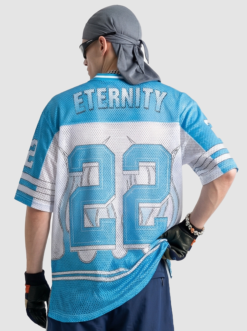 Blue and white mesh jersey T-shirt with ETERNITY 22 print on the back, styled for streetwear