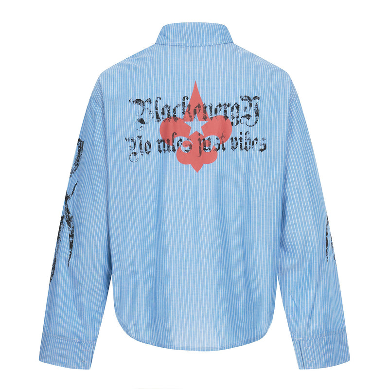 Blue striped button-up shirt with large red graphic print on the back