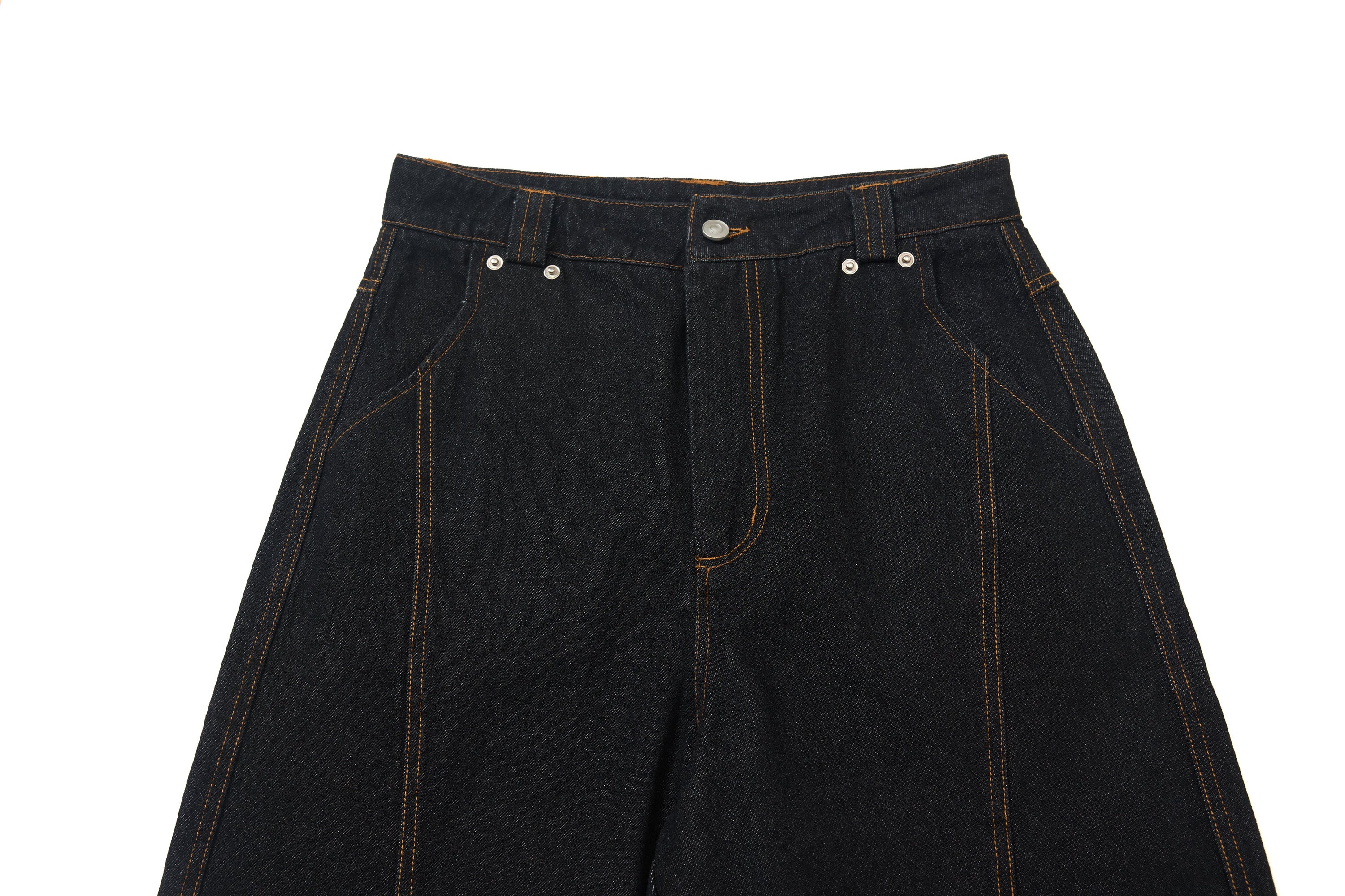 Wide-Leg Jeans with Red Embroidery & Side Drape | SEAKOFF