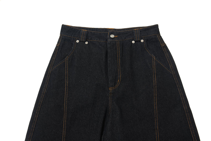 Wide-Leg Jeans with Red Embroidery & Side Drape | SEAKOFF