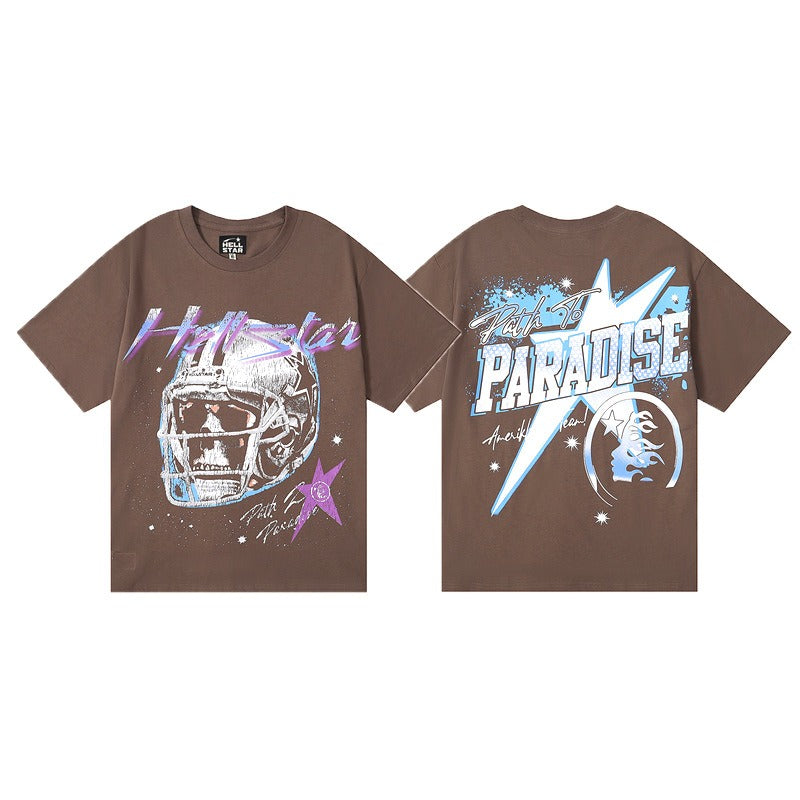 Hellstar Path to Paradise Shirt-เสื้อยืดผ้าคอตตอน 250GSM Brown Hellstar พร้อมกราฟิกหมวกกันน็อกโครเมี่ยมและการออกแบบดาว