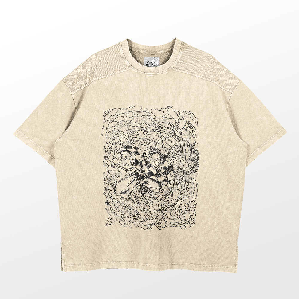 The Demon Slayer Tanjiro Water Breathing Washed Vintage T-Shirt features a dynamic black and white illustration of Tanjiro Kamado using his Water Breathing technique. Made from 260 GSM high-quality cotton, this anime streetwear piece has a slightly textured appearance.