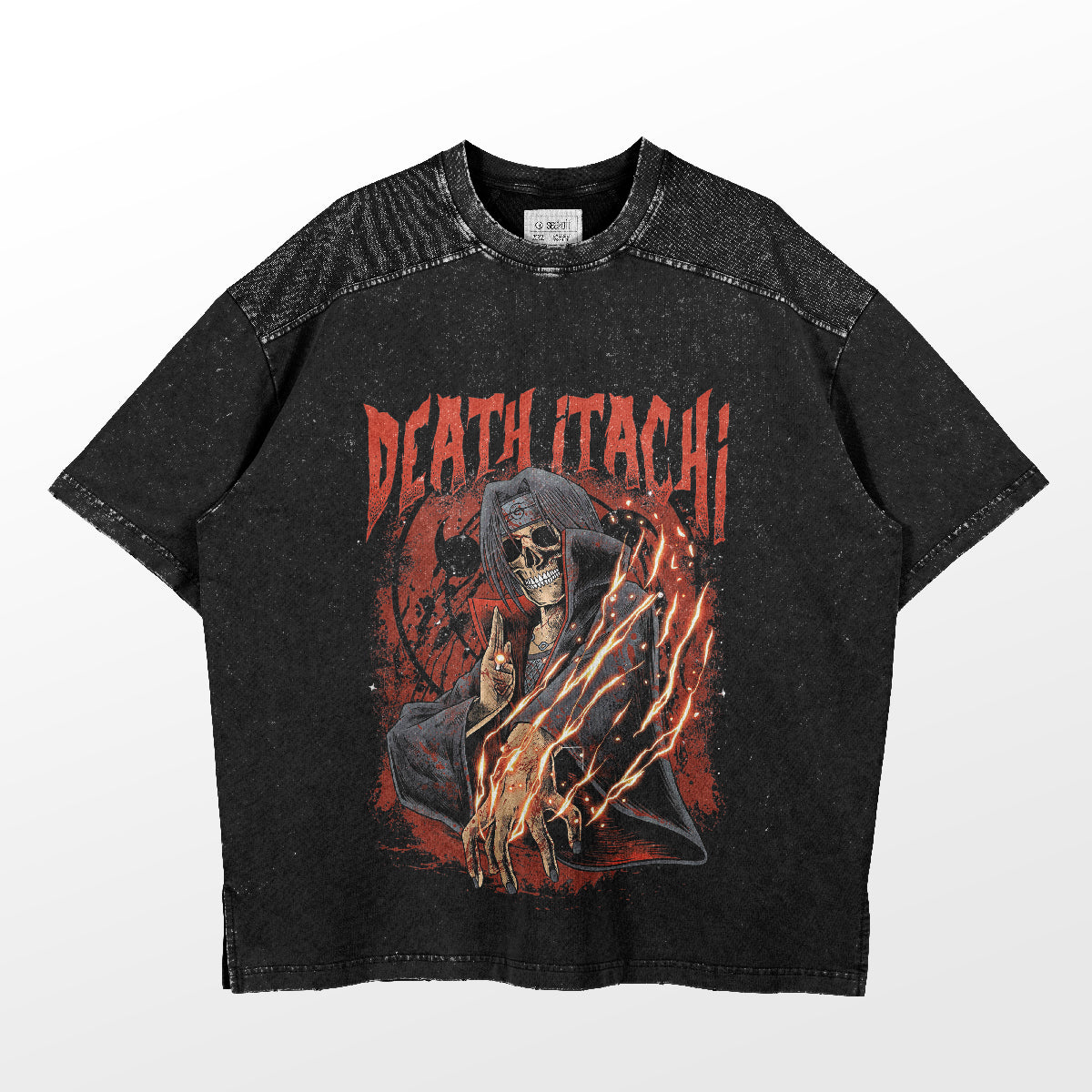 The Death Itachi T-Shirt by Naruto showcases a hooded skeleton with flaming chains, &quot;DEATH ITACHI&quot; in bold red above. Perfect for anime fans, it features a distressed texture on sleeves and neckline for an edgy look.