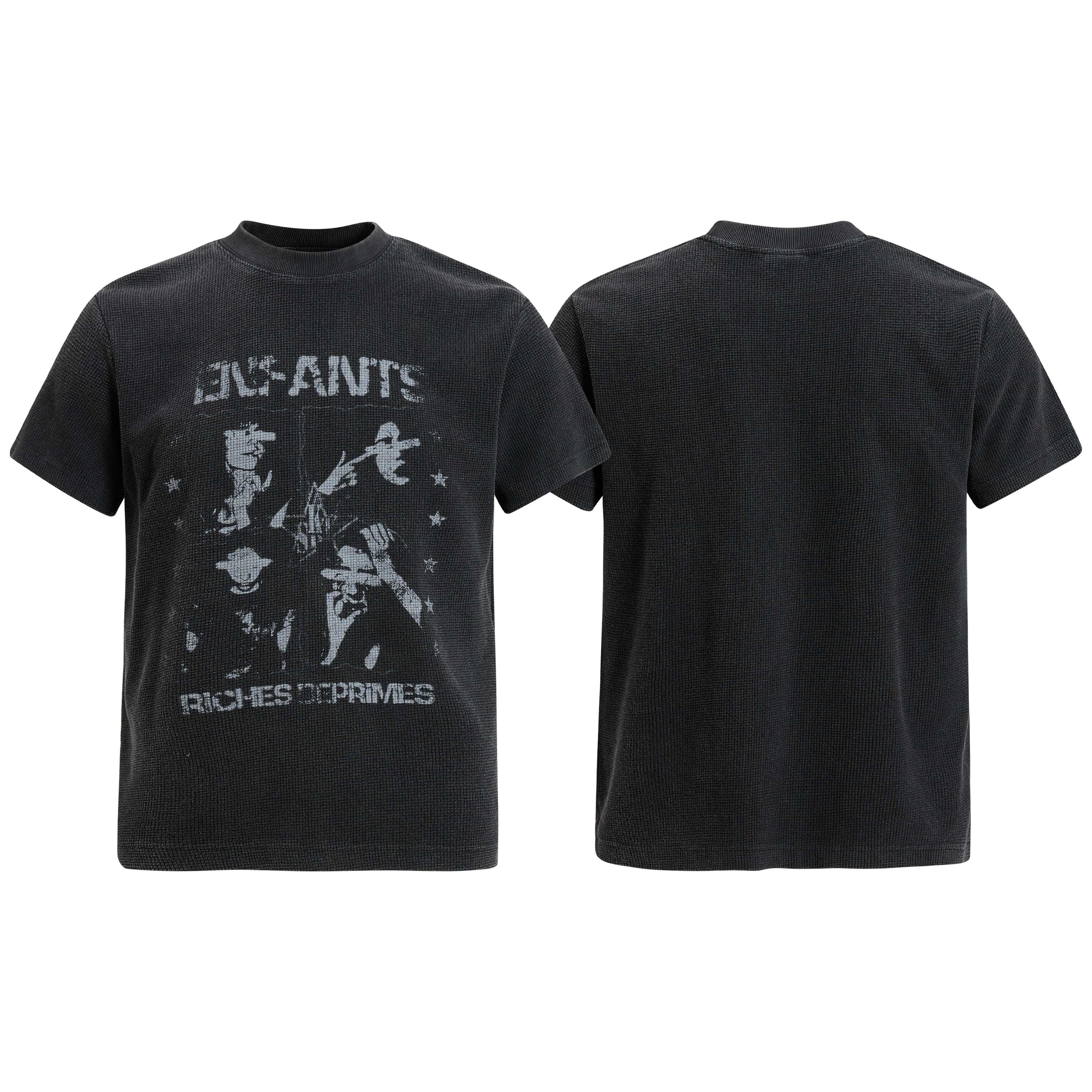 Front and back view of a washed charcoal waffle knit t-shirt with a faded Enfants Riches Déprimés graphic print