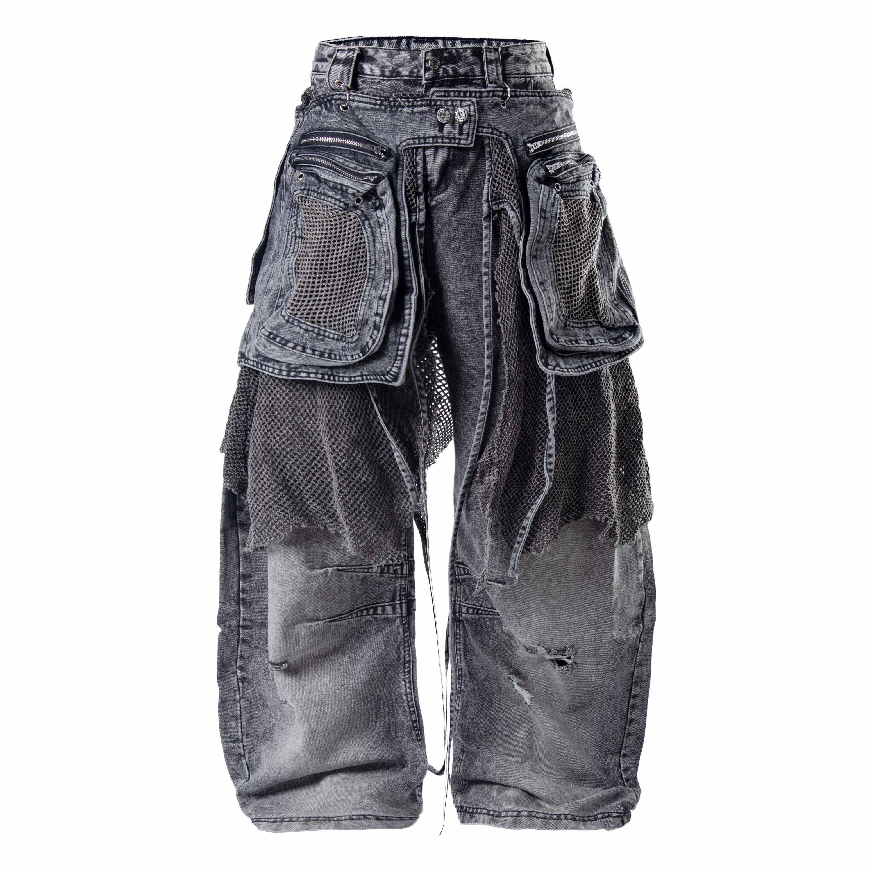 Convertible Utility Baggy Jeans | Cargo Mesh Distressed Denim