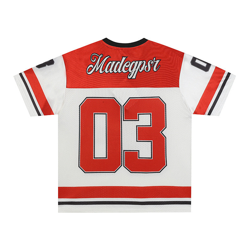 Red and white varsity football jersey with bold 03 graphic and script lettering on the back, streetwear style top