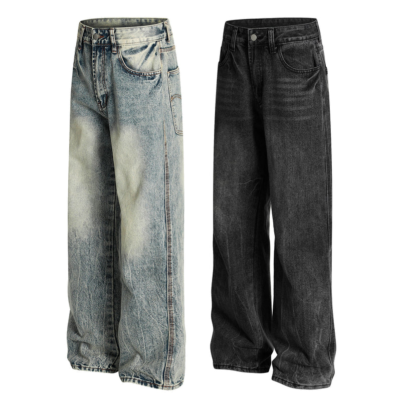 Wide-leg jeans in light vintage wash and black wash, front view with distressed fading