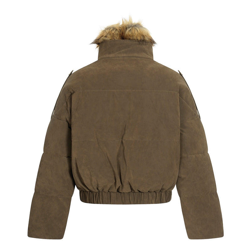 Detachable Faux Fur Collar PU Puffer Jacket | Cropped