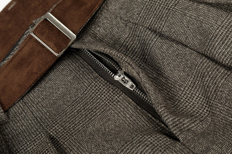 Wide-Leg Plaid Suit Trousers with Suede Trim & Belt