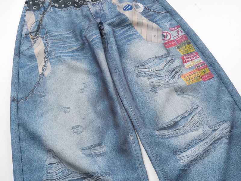 Close-up of the front legs with distressed denim print and label patches