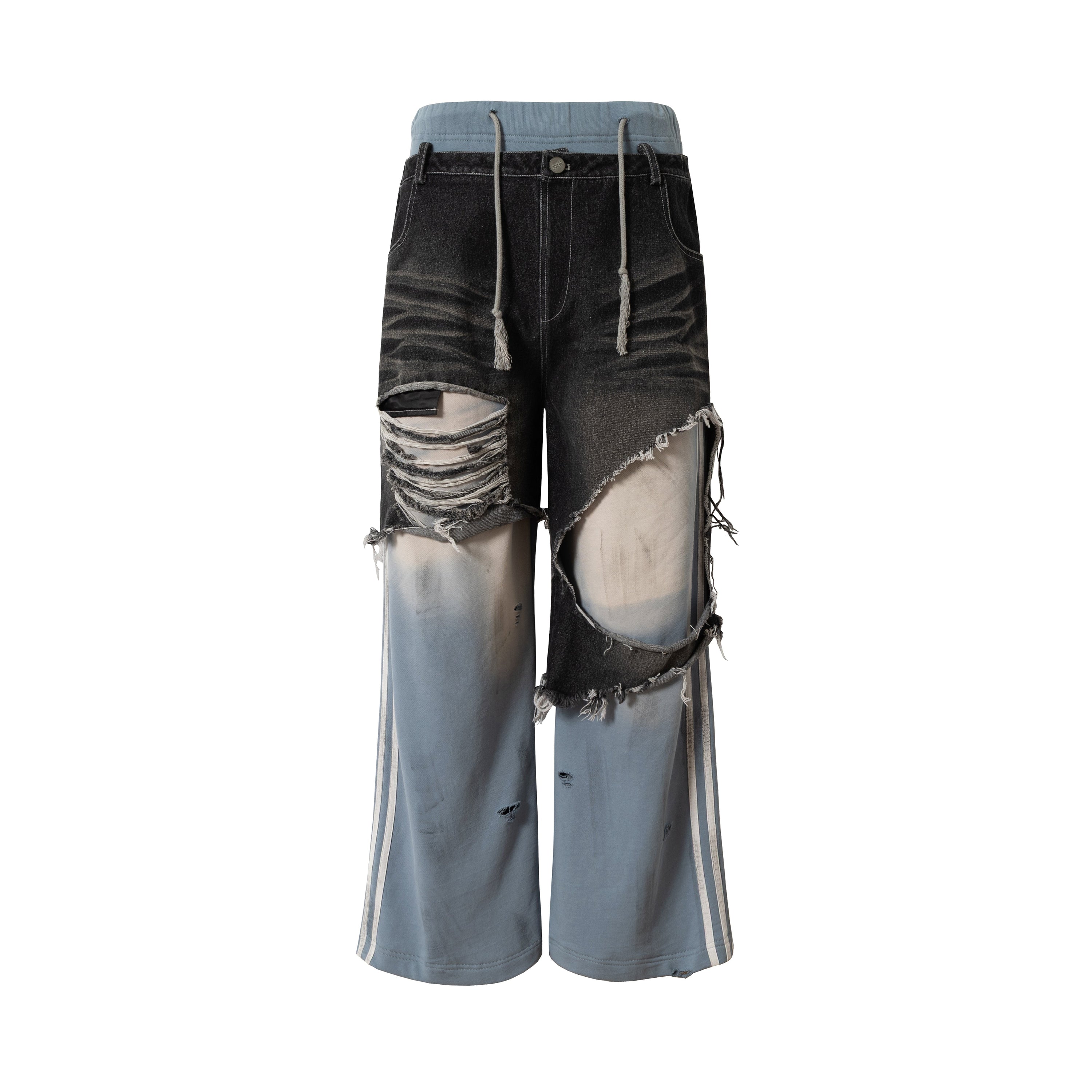Omirad Dual-Tone Distressed Patchwork Barrel-Leg Jeans