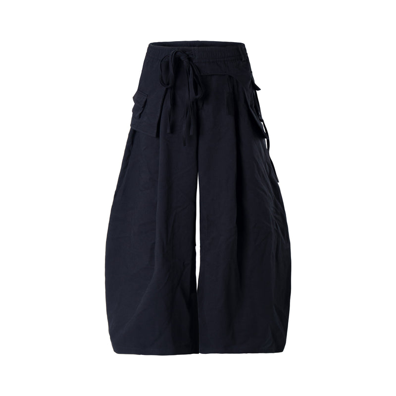 Black wide-leg cargo pants front view with tie waist and utility pockets