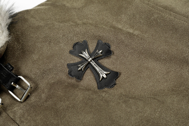 Faux Fur Collar Suede-Texture Buckle Bomber Jacket