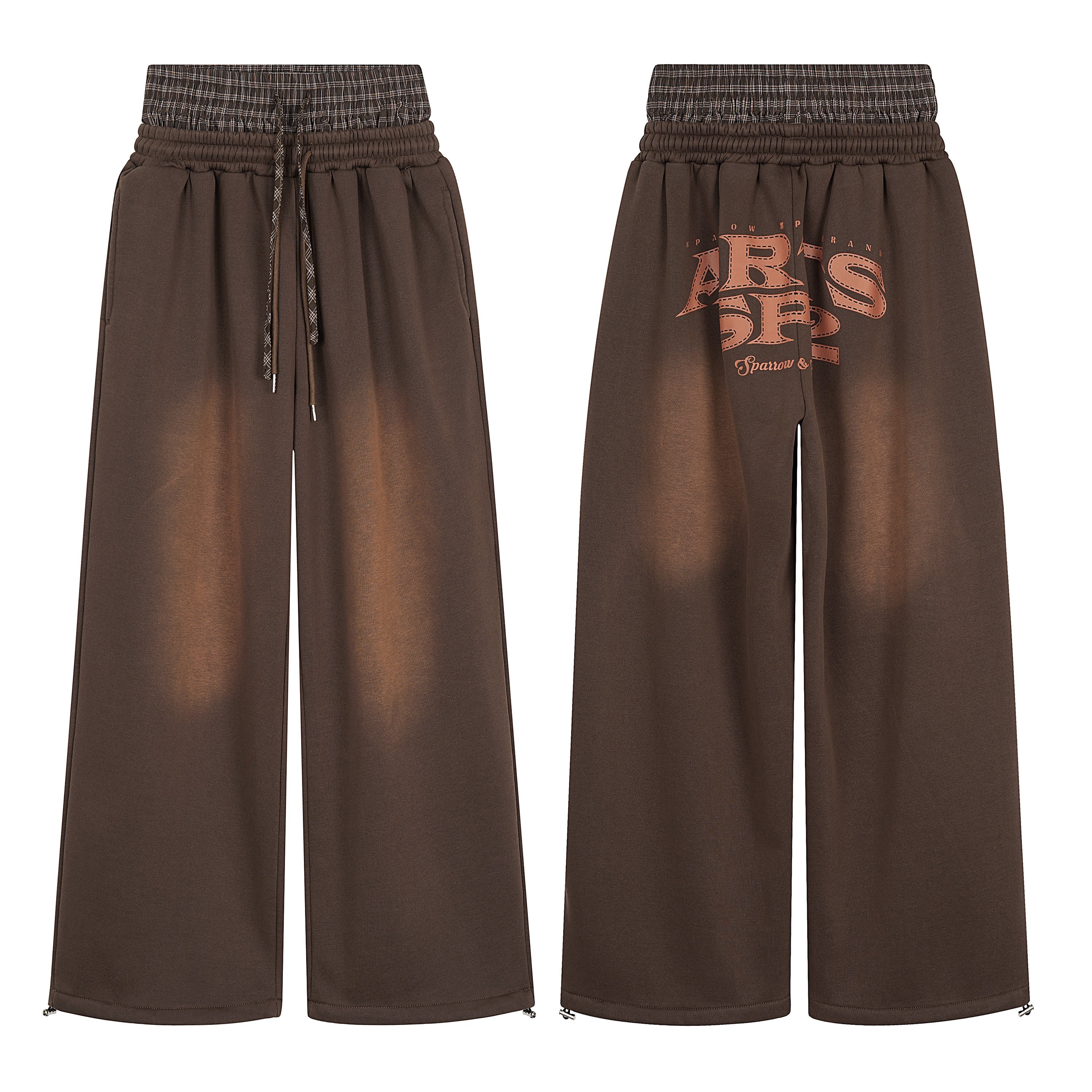 Front and back view of brown vintage fade wide-leg sweatpants with plaid waistband and collegiate back graphic print