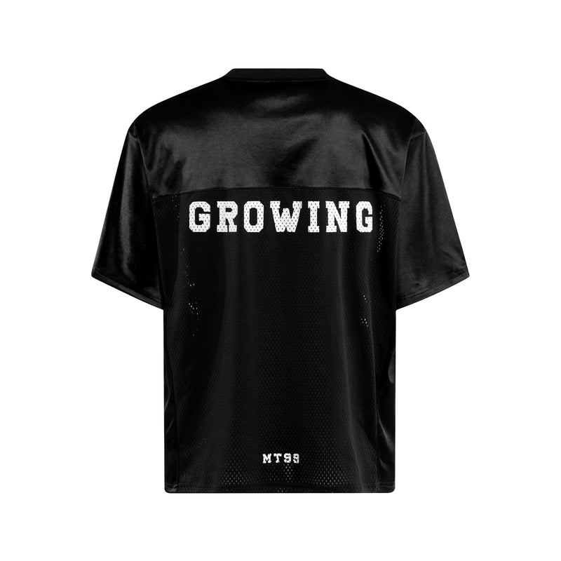 Black mesh football jersey tee with bold GROWING graphic and MT99 print on the back, streetwear style