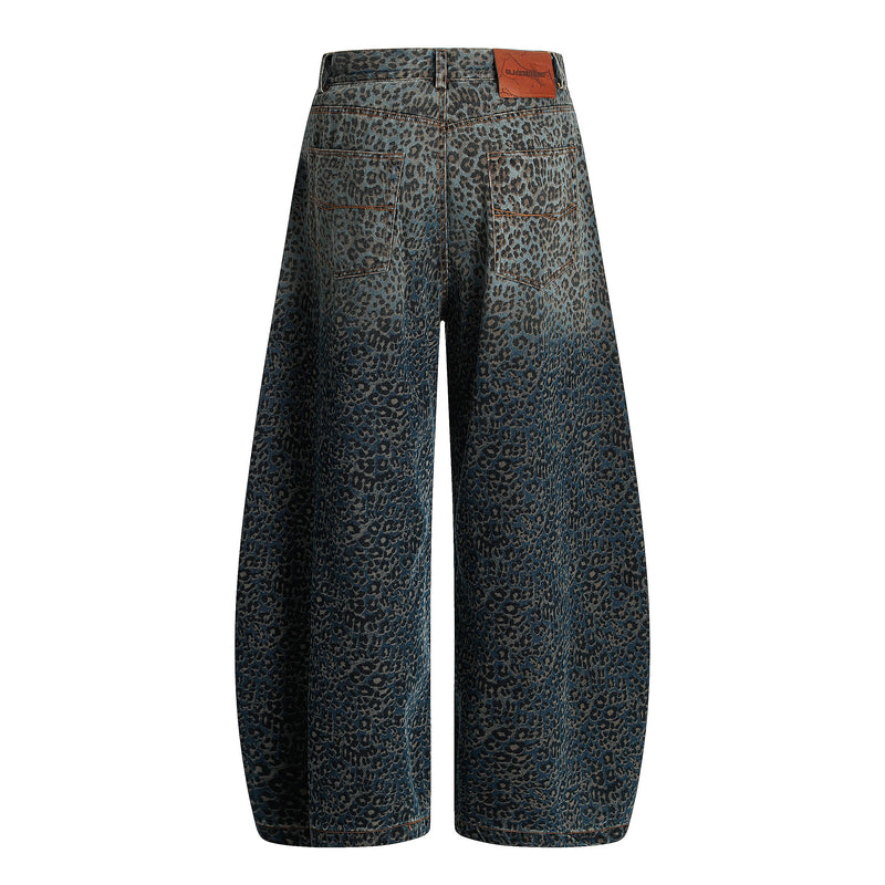 Leopard print wide-leg jeans in dark blue denim, back view