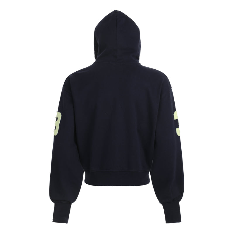 Black zip hoodie back view with long sleeves and wide ribbed hem