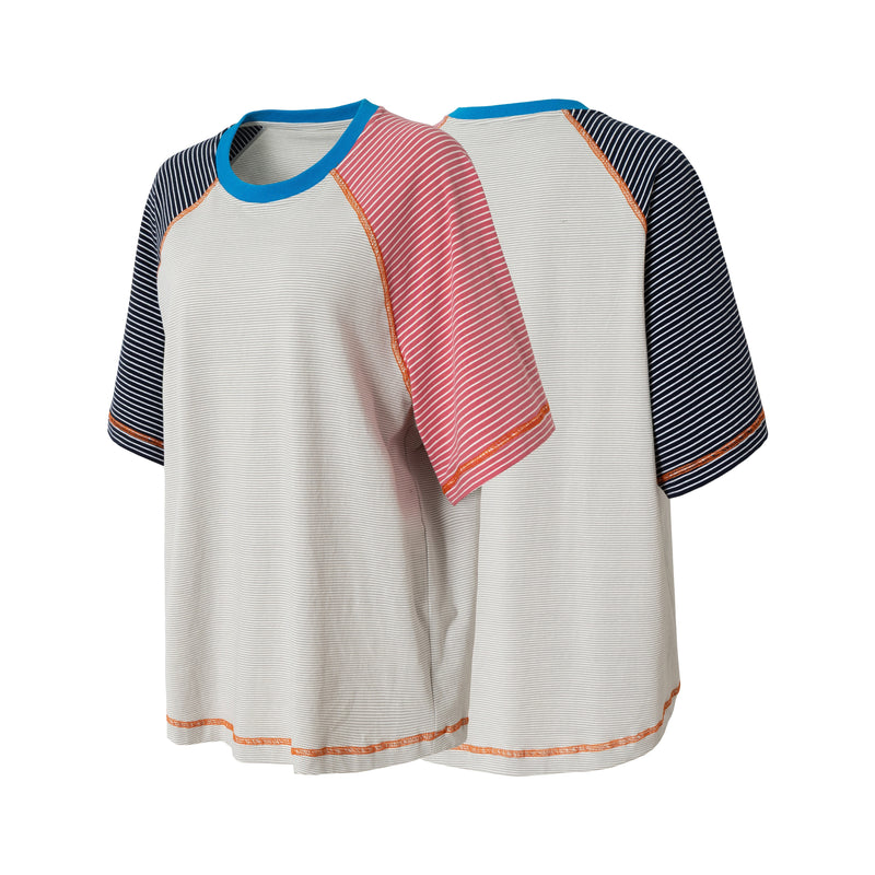 Relaxed fit color block raglan T-shirt with striped sleeves, blue collar, and contrast stitching on white background