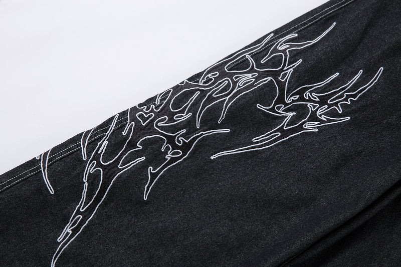 Tribal Wide-Leg Black Denim Jeans | Streetwear Baggy Fit