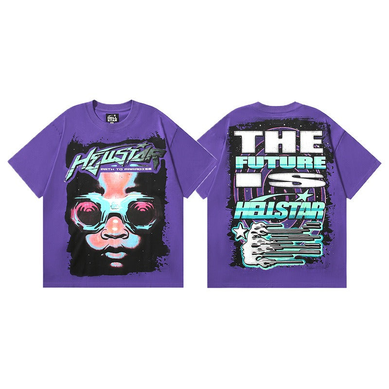 เสื้อเชิ้ต Future Hellstar-เสื้อยืด Hellstar สีม่วง 250gsm สีม่วงพร้อมกราฟิกแห่งอนาคตและเส้นทางสู่การออกแบบสวรรค์