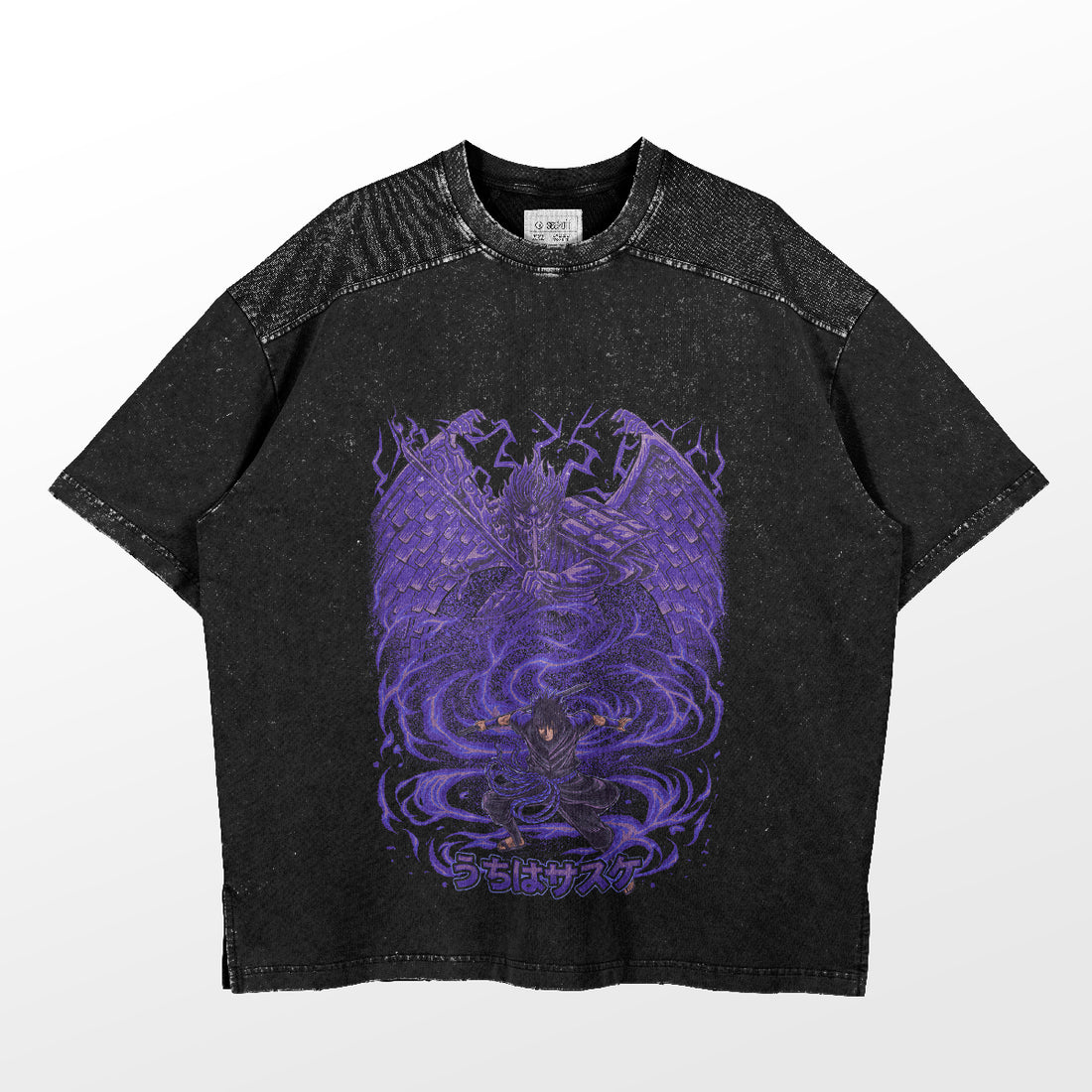 The Naruto Sasuke Uchiha Susanoo Transformation T-Shirt features a purple mythical figure with wings and swirling designs, plus Japanese text reminiscent of the Uchiha clan. This black short-sleeve shirt has a speckled, distressed look, part of the Legendary Naruto Shippuden Art collection.