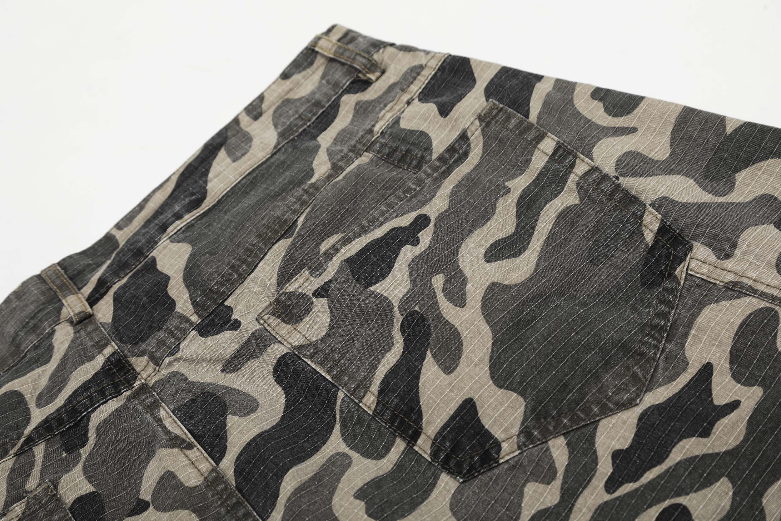 Grey Camo Barrel Pants | Wide-Leg Ripstop Cotton Trousers