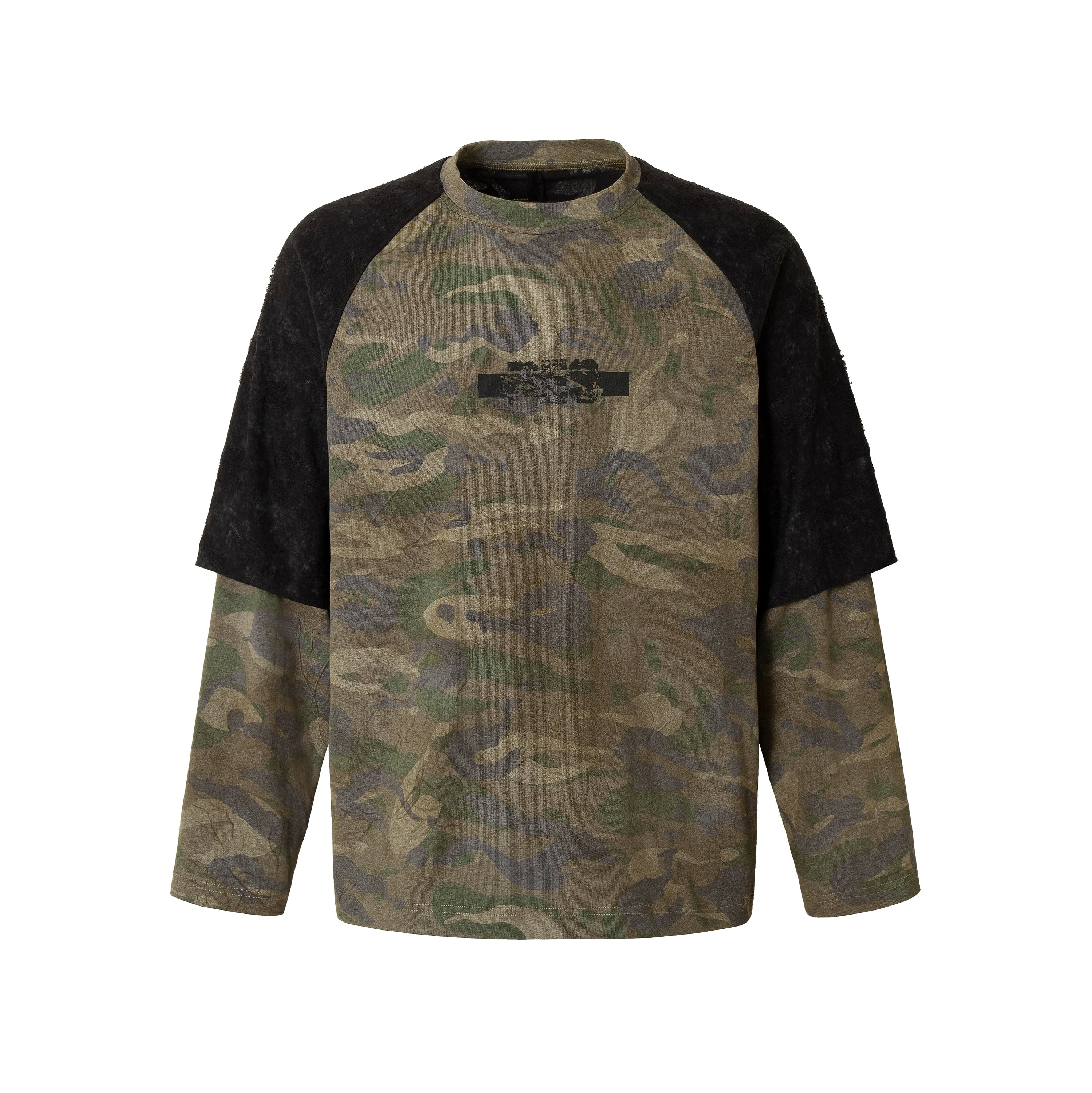 Oversized camo long sleeve tee with black textured raglan shoulder panels and distressed chest graphic, front view