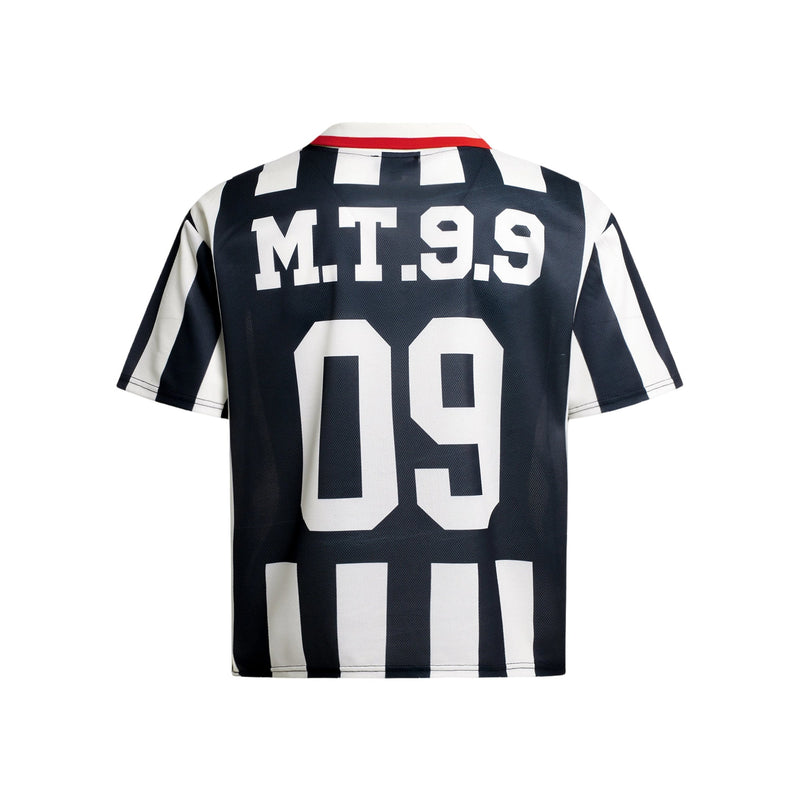 Black and white retro varsity soccer jersey with bold M.T.99 print and red collar trim on the back