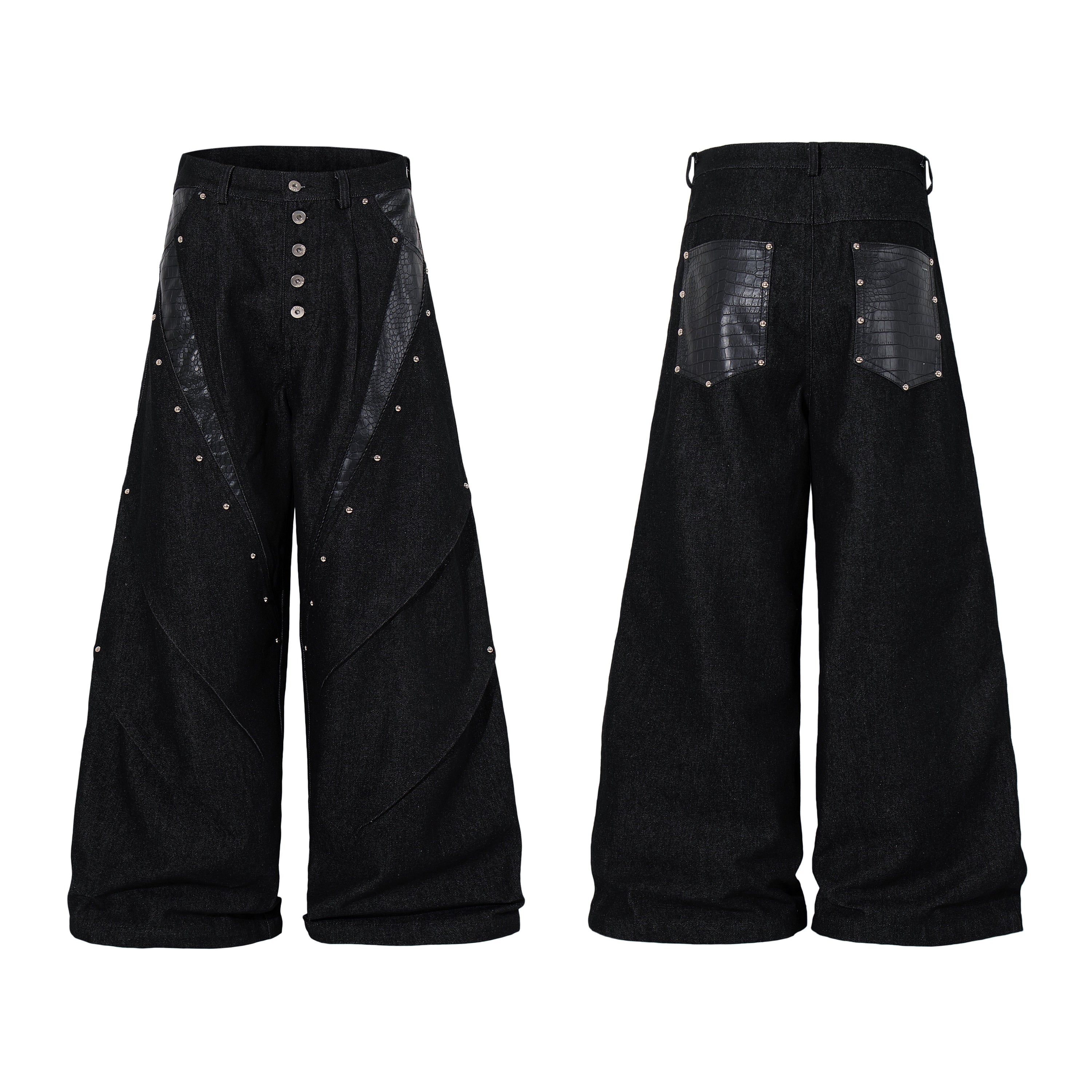 Black wide-leg denim pants with curved panel seams, silver rivets, and croc-texture faux leather details, front and back view
