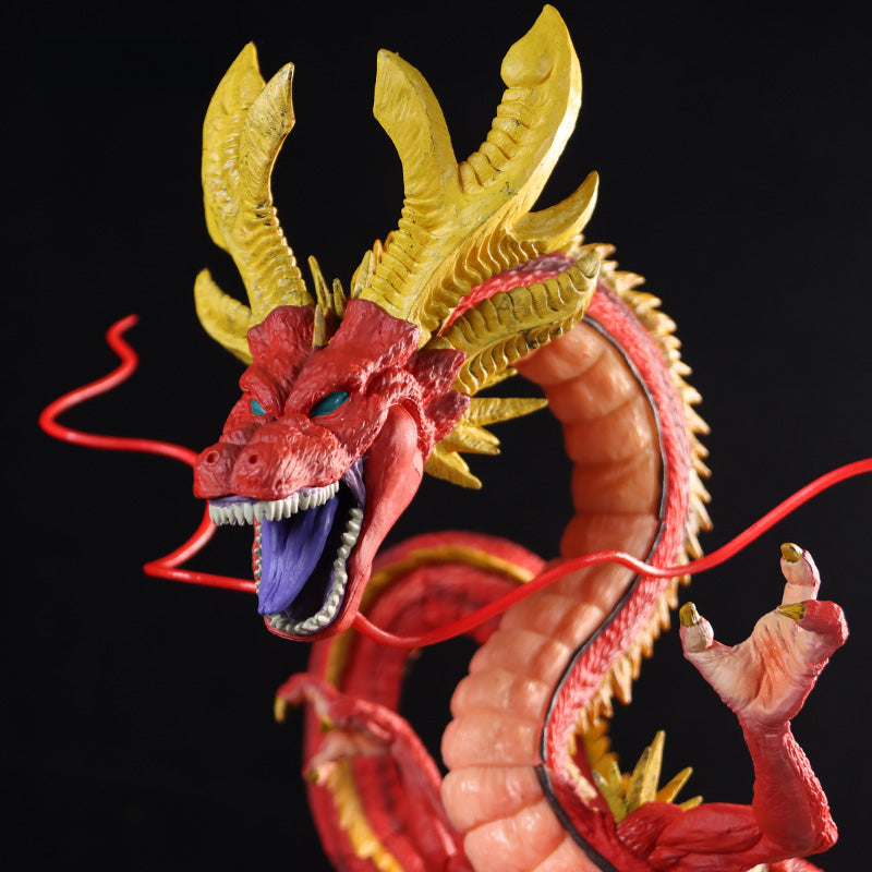 The Seakoff Red Shenron Collectible Figure – Dragon Ball Z is a 30cm high-detail dragon statue featuring an open mouth with teeth, a blue tongue, and yellow horns and spines. Its body curls with red tendrils against a black background.