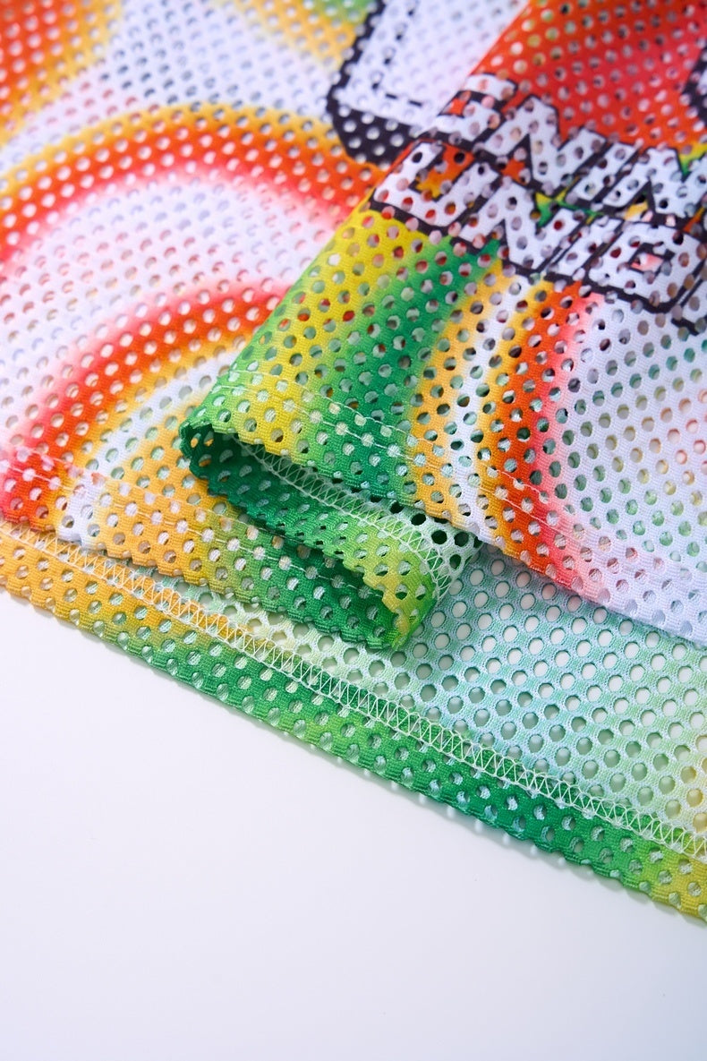 Colorful perforated mesh jersey T-shirt with liquid gradient stripes in green, orange, yellow, and white