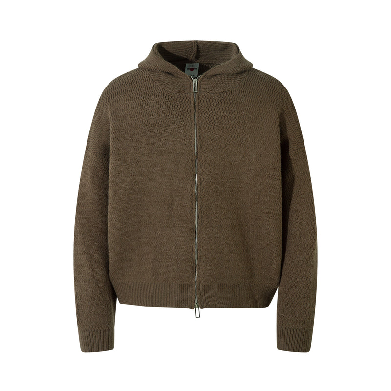 Brown textured knit zip-up hoodie shown front view with full-length zipper