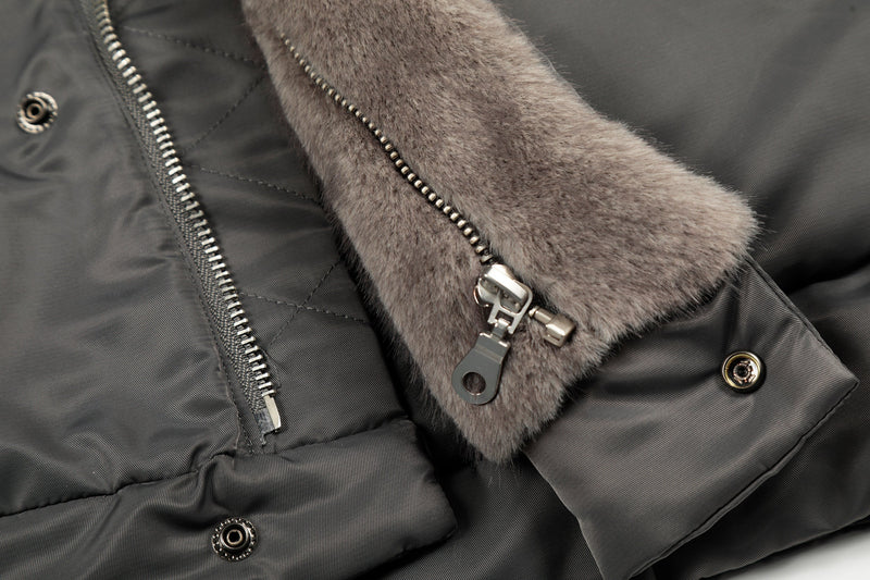 Faux Fur Collar Cropped Nylon Jacket | Smoke Gray & Black