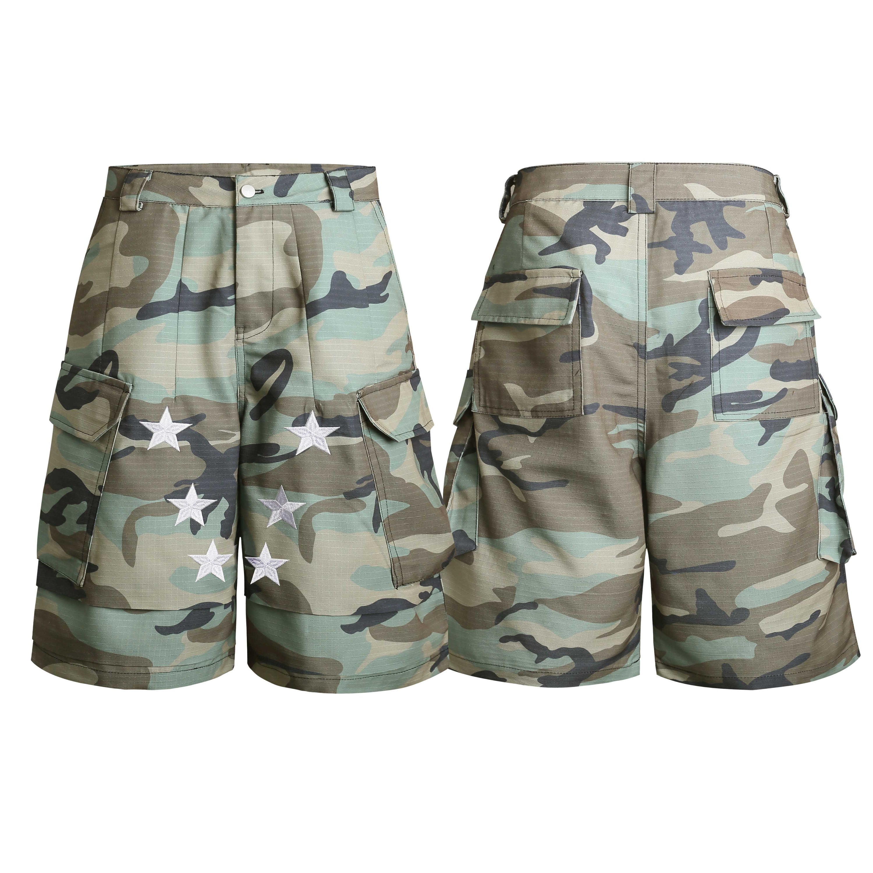 Front and back view of woodland camouflage cargo shorts with embroidered white stars and oversized flap pockets