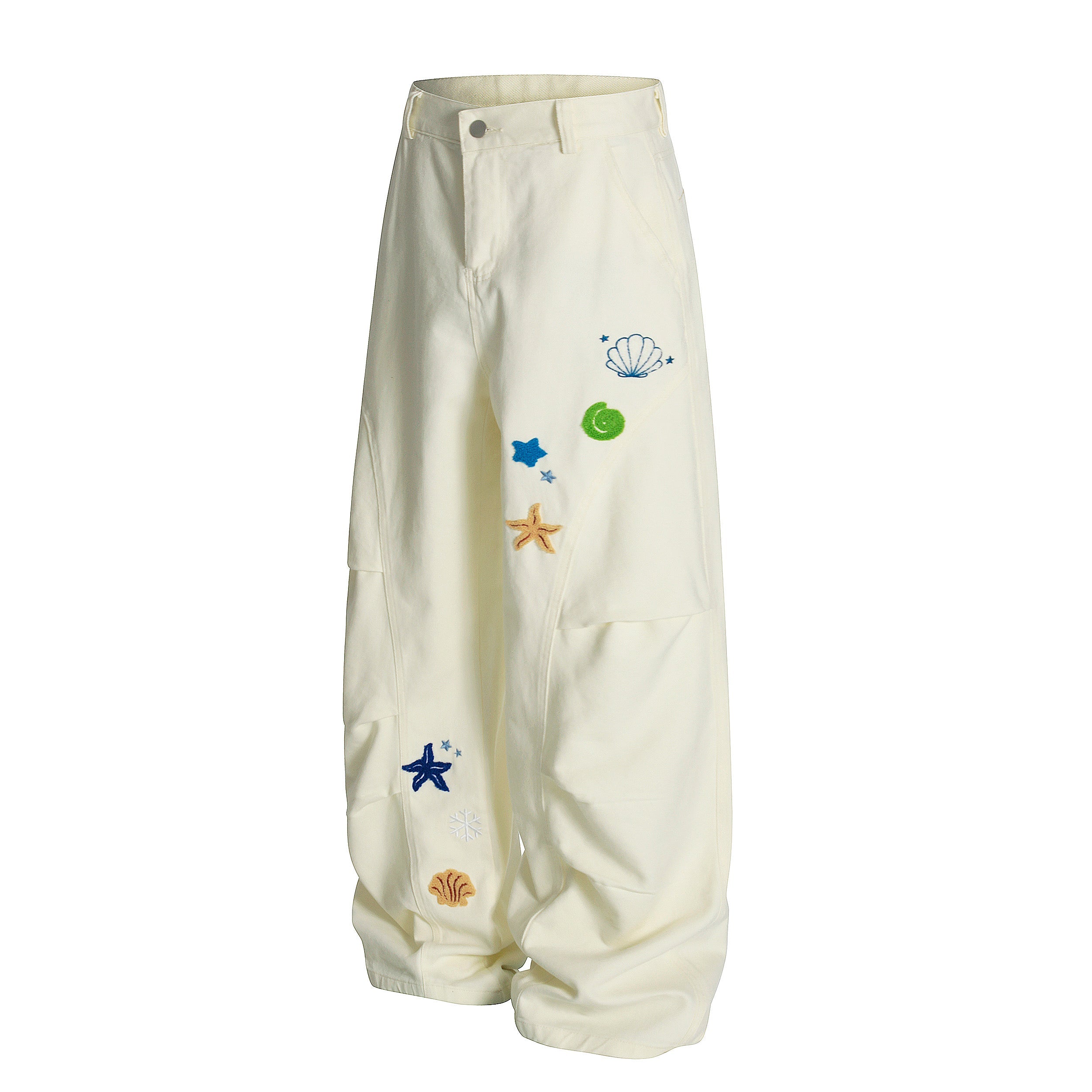 Sea Shell Embroidered Wide-Leg Cargo Pants | Coastal Streetwear