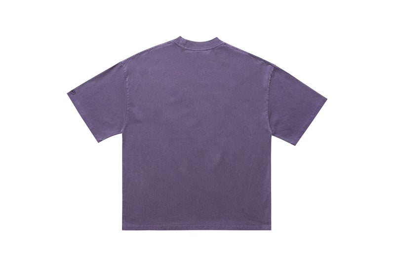 Vintage wash purple short sleeve graphic tee laid flat on a white background, back view