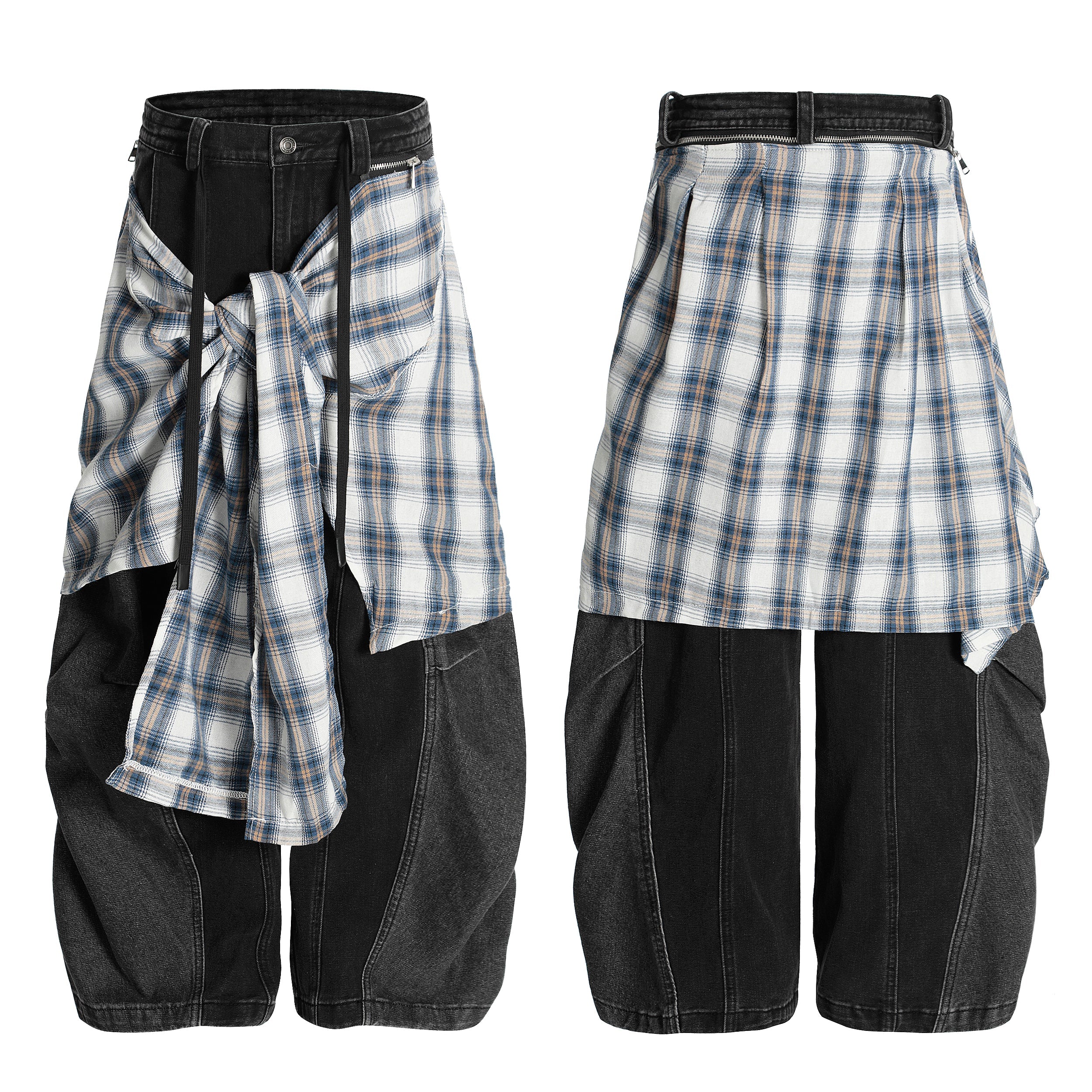 Front and back view of black wide-leg pants with a draped white and blue plaid overlay knotted at the waist