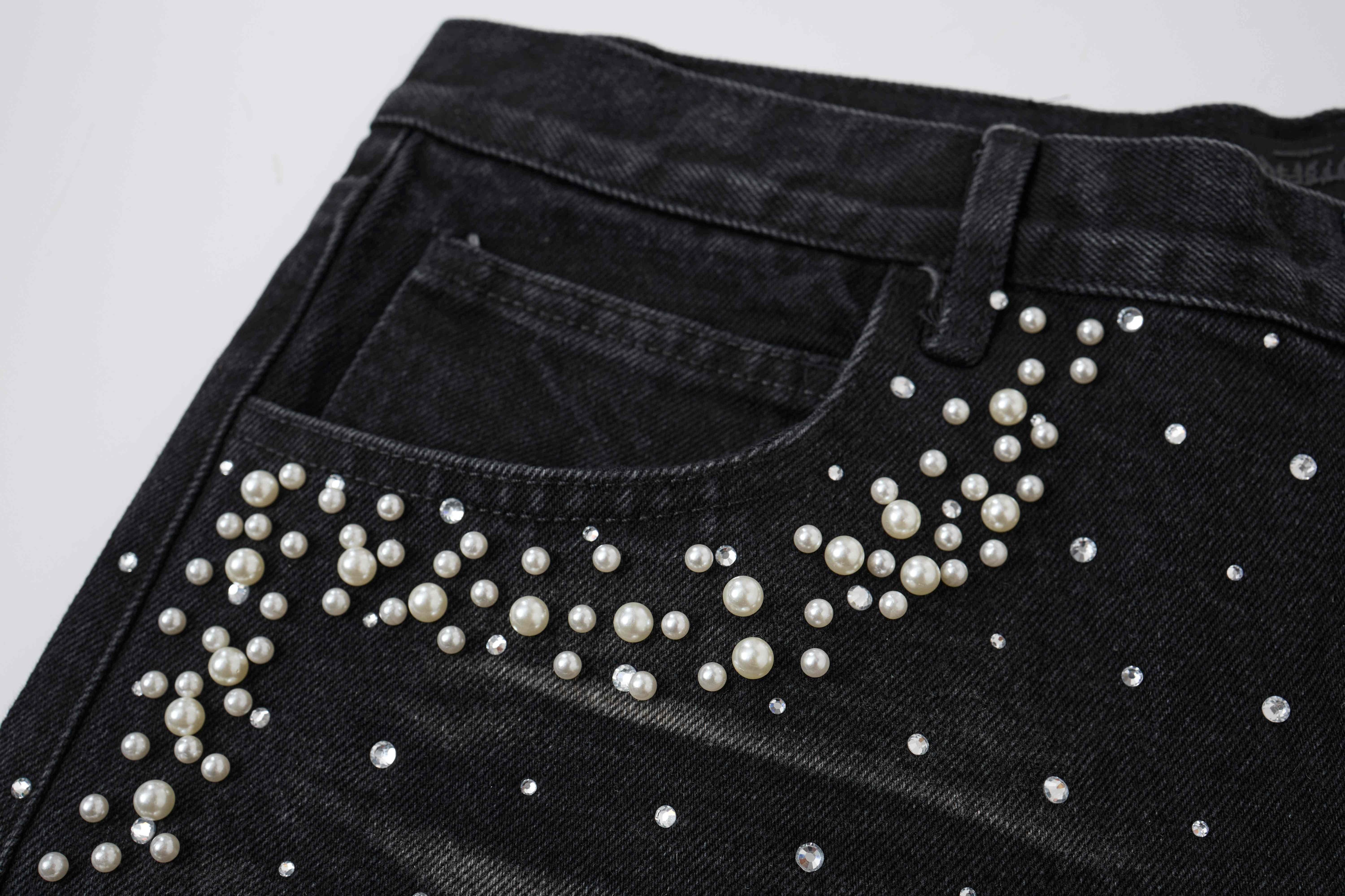 Omirad Pearl Studded Black Denim Shorts | Streetwear