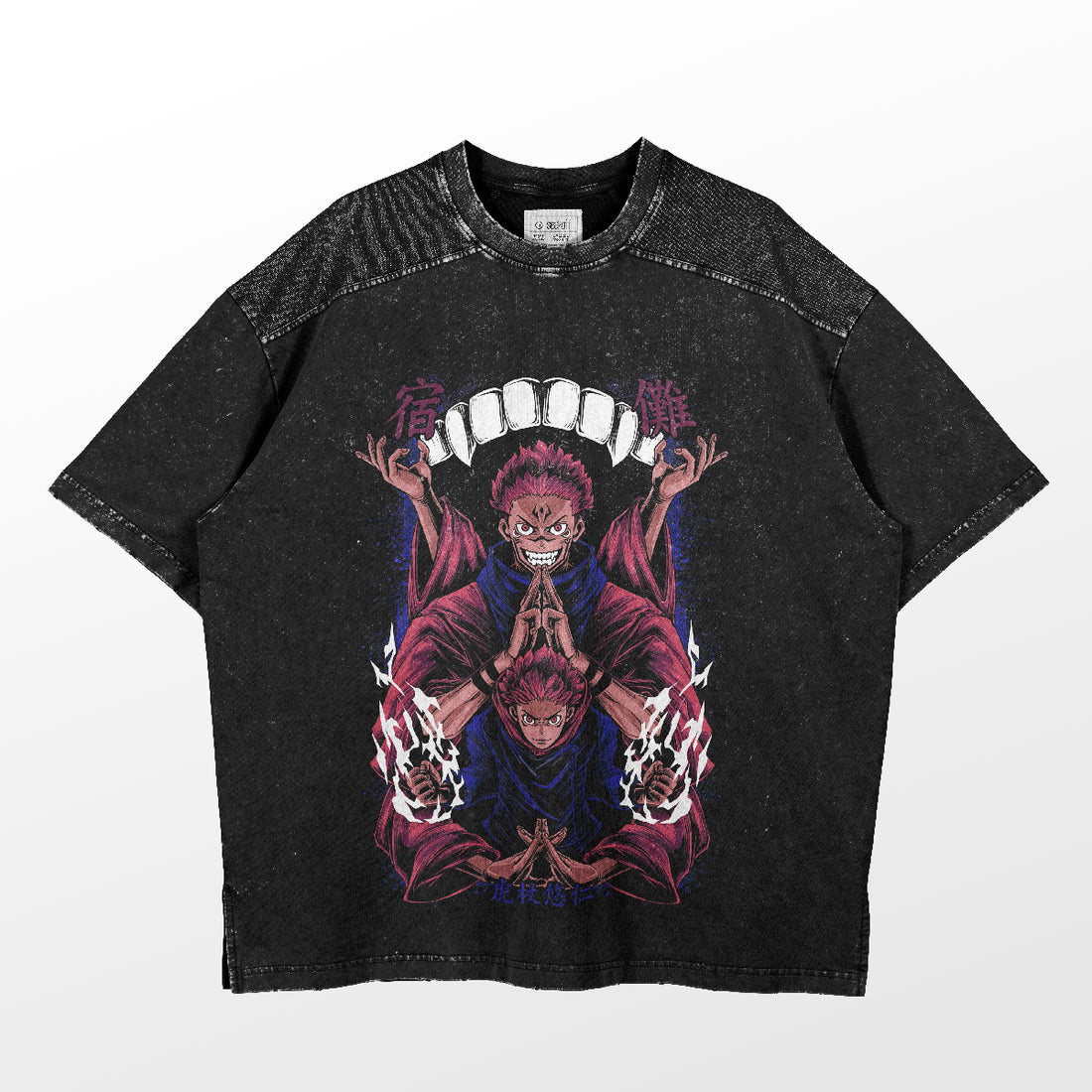 The Sukuna Double Manifestation Jujutsu Kaisen T-Shirt by Jujutsu Kaisen features a dynamic character illustration with vibrant elements and patterns on a dark base, complemented by textured shoulder design.